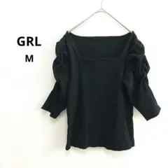 【グレイル】スクエアネック パフスリーブ リブ 五分袖 Tシャツ ブラック M