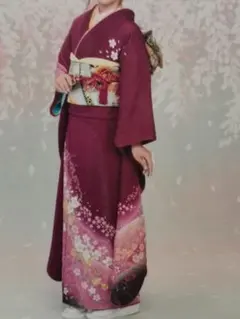 紫色花柄振袖、帯付き フルセット