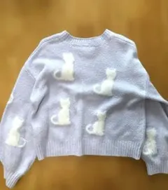 GU キッズ パフニットジャカードセーター 130 ラベンダー ねこ柄