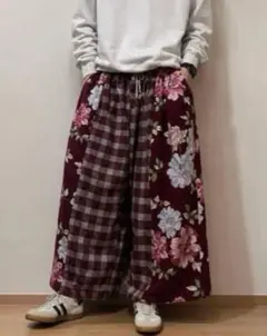 古着リメイク　パンツ 花柄 チェック ワイドパンツ