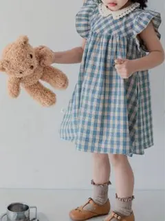 【140cm】女の子 ワンピース チェック フリル ノースリーブ
