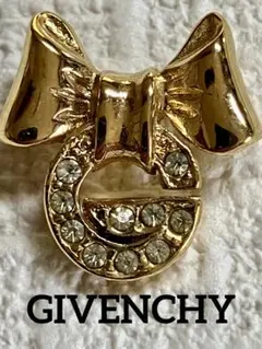 ジバンシィ ブローチ Gロゴ リボン ゴールド ラインストーン ヴィンテージ