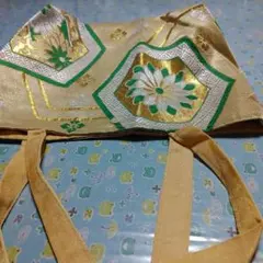 和装バッグ 花文様 ゴールド グリーン系