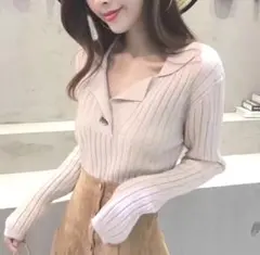 新品　未使用　匿名配送　ベージュ リブニット 襟付き 長袖ポロシャツ