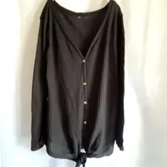 ワッフル生地 前ボタン 裾タイ カットソー M ブラック Vネック 長袖トップス