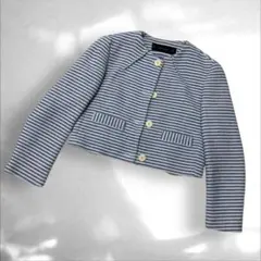 ZARAザラベーシック　ノーカラージャケット ボーダーライトブルー白 S（B3のサムネイル