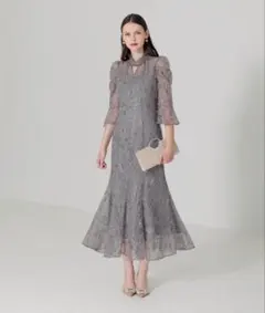 lejaスパンコール花柄刺繍ソフトパフスリーブマーメイドラインドレスワンピース