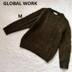 【美品】グローバルワーク　ケーブルニットセーター　オリーブグリーン　アルパカ混