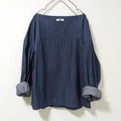 【レディース】ユニクロU　デニムボートネックブラウス　L　ネイビー