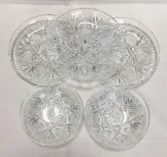 同柄花柄カットガラス皿 （3枚）ボウル（2枚）計5枚セット　昭和レトロ