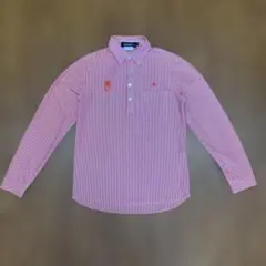 ルコック 長袖ポロシャツ レッド×白 ストライプ ロゴ刺繍M ゴルフウェア