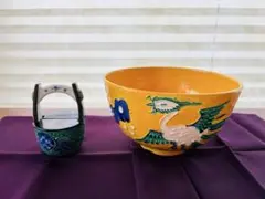 黄交趾菓子器　交趾青海波に丸紋手つき茶入　茶道具のサムネイル