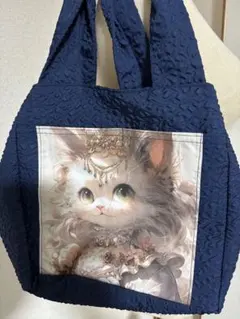 猫イラスト付きネイビーバッグ