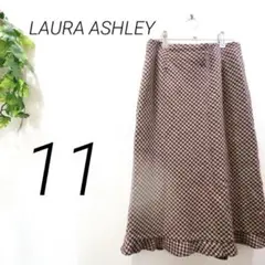 【1195】 LAURA ASHLEY タイトスカート　フリル　総柄　ブラウン