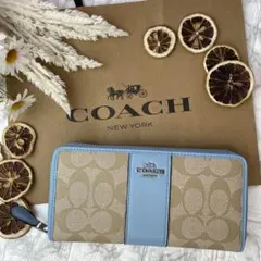 COACH☆コーチ 長財布 シグネチャー/ライン 水色