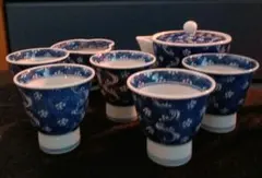 18】源右衛門窯 染付梅花紋 茶器揃急須・湯冷まし・湯呑5客セット 