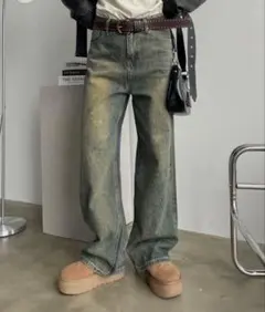 オーロララインストーン付きヴィンテージルーズデニムパンツ