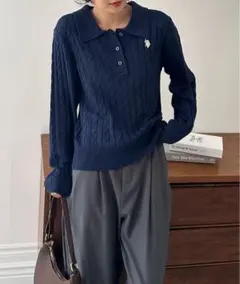 【U.S.POLO ASSN.】刺繍長袖ケーブルポロニット ネイビー