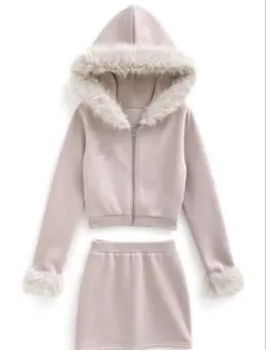 GRL ファー付きパーカー×ミニスカートスウェットセットアップ[pm413]