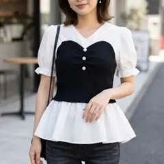 異素材ドッキングブラウス 半袖 ペプラム風 フレア 体型カバー 2XL 白×黒