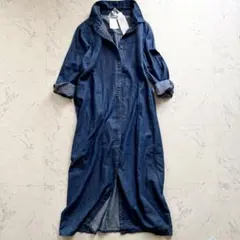 テンセル混 デニムシャツワンピース ロング ピンタック 羽織り可 L リヨセル