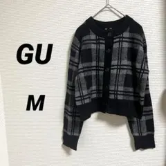 【GU ジーユー】パフィータッチチェッククルーネックショートカーディガン M 黒