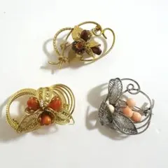 ヴィンテージ風 ブローチ 3点セット ゴールド×シルバー×赤ストーン