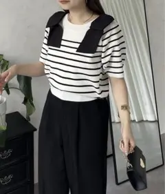 【今週限定価格！】肩リボン半袖ボーダーニット