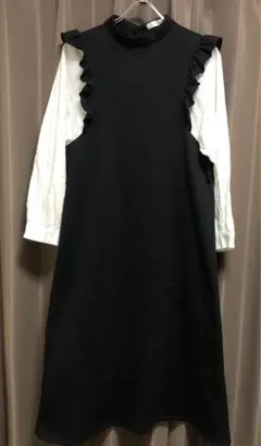 Hudson honey ブラック/ホワイト 長袖フリル付きロングワンピース L