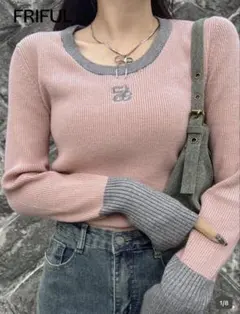 SHEIN ピンク グレー リブニット セーター 長袖 トップス