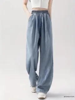 ルーズ ワイドレッグ ジーンズ ハイウエスト ストレートレッグ パンツ　S