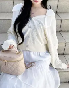 肩リボン装飾付ニットカーディガン