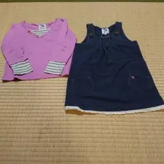 ピンクVネック長袖とデニムジャンバースカートセット