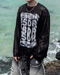 韓国系メンズオーバーサイズグランジシースルーニットセーター　Men's knit
