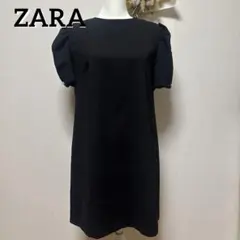 ◆u-091◆ ZARA 黒 半袖 パフスリーブ ワンピース L 袖ワンポイント