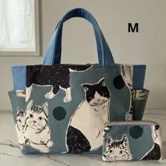大きな猫 青 サイドポケット付きトートバッグM＆ミニポーチ