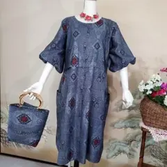 C921.着物リメイク、泥大島紬、幾何学模様のワンピースとバッグ