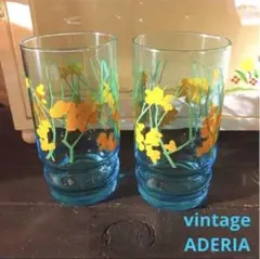 vintage＊昭和レトロ＊アデリア＊ブルーガラス＊黄色花柄プリントグラス＊2個
