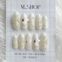 【現品】No.8ネイルチップ 韓国 クリーム量産型 クロムネイルリボンバラ