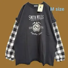 チャコール☆チェックスリーブフリルプルオーバー☆カットソー☆シャツ☆チュニック☆