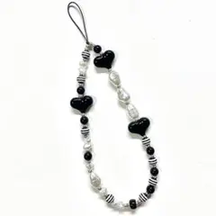 ビーズストラップ ハート ブラック ストライプ パール StringTing