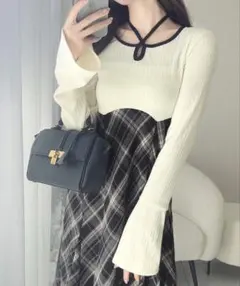 チョーカー使い配色パイピングカットソードッキングチェックワンピース