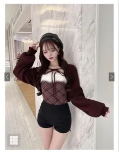 アーガイル柄ファーキャミソール×ボレロニットアンサンブル