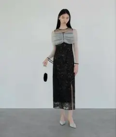 Leja チュールオフショルダー花柄Iラインワンピースドレス