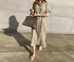 ベージュ 半袖シャツワンピース ロングワンピース 亜麻混タンクトップ