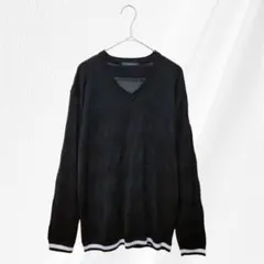 メンズ Vネック 長袖ニットセーター 薄手 ボーダー 黒 サイズL