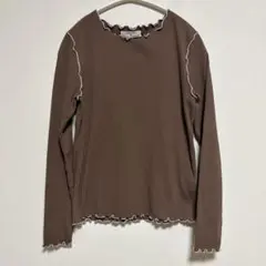 リブ｜カットソー｜ブラウン｜メロウ｜トップス｜長袖｜フリル｜重ね着