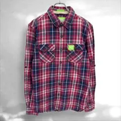 Superdry ネルシャツ 長袖シャツ　チェック柄 蛍光色タグ　赤M（D3