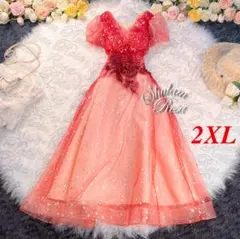 【即日発送】大きいサイズ♡星空のパーティードレス♡パフスリーブ♡レース♡2XL