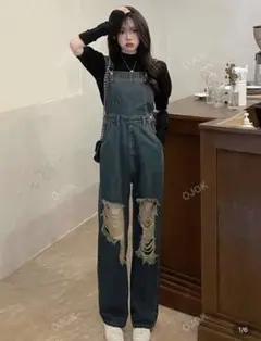 デニムブルー ダメージオーバーオール